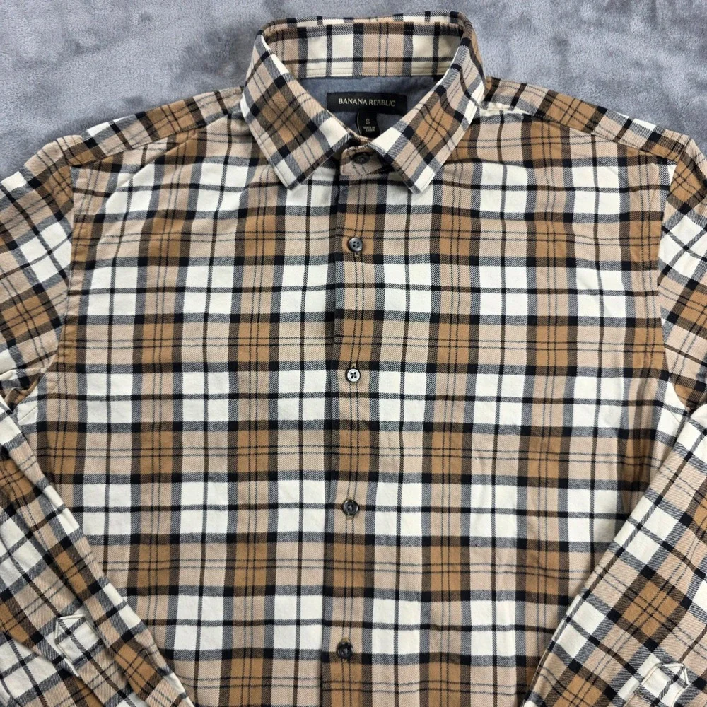 Banana Republic Button Down Shirt Mens S Brown Plaid Cotton Flannel Long Sleeve‎